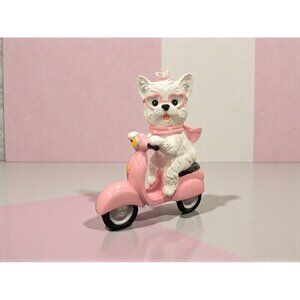 New Pink Resin Valentines Day Puppy White Terrier Dog Driving Scooter Figure
